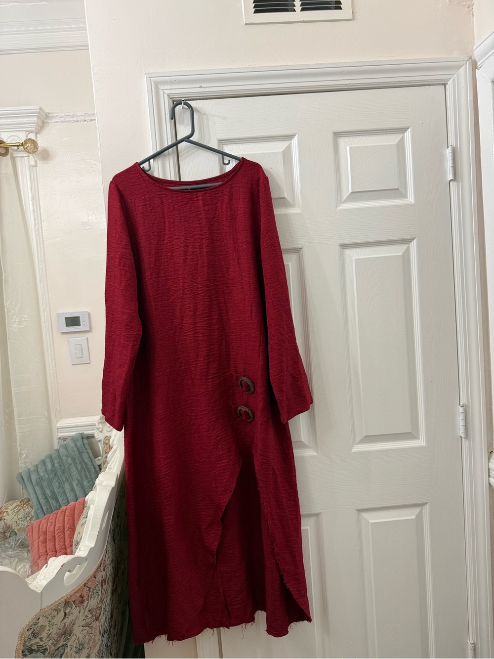 Long Sleeve Red Midi Dress with Accent Buttons